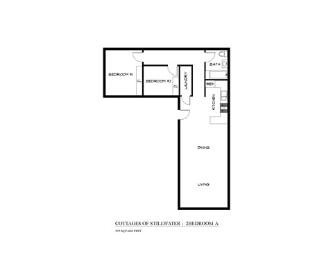 Floor plan for 2 beds, 1 bath, 838 sqft